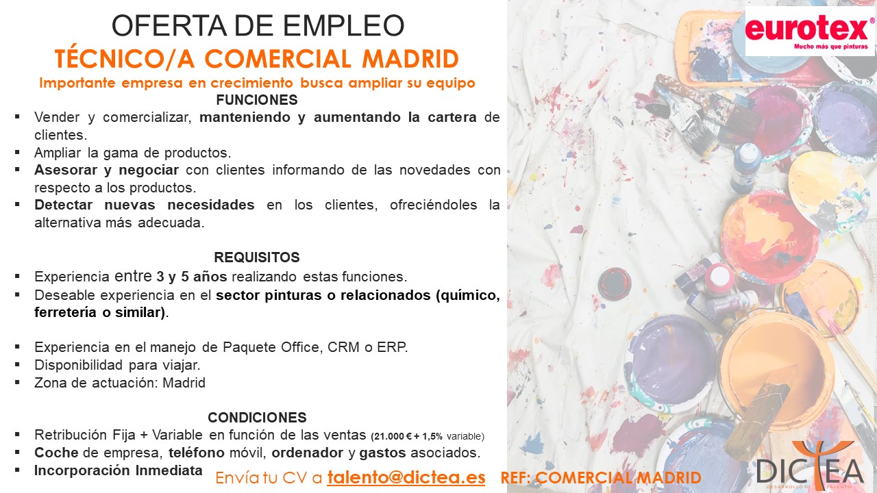 Oferta de empleo: Técnico/ a comercial Madrid
