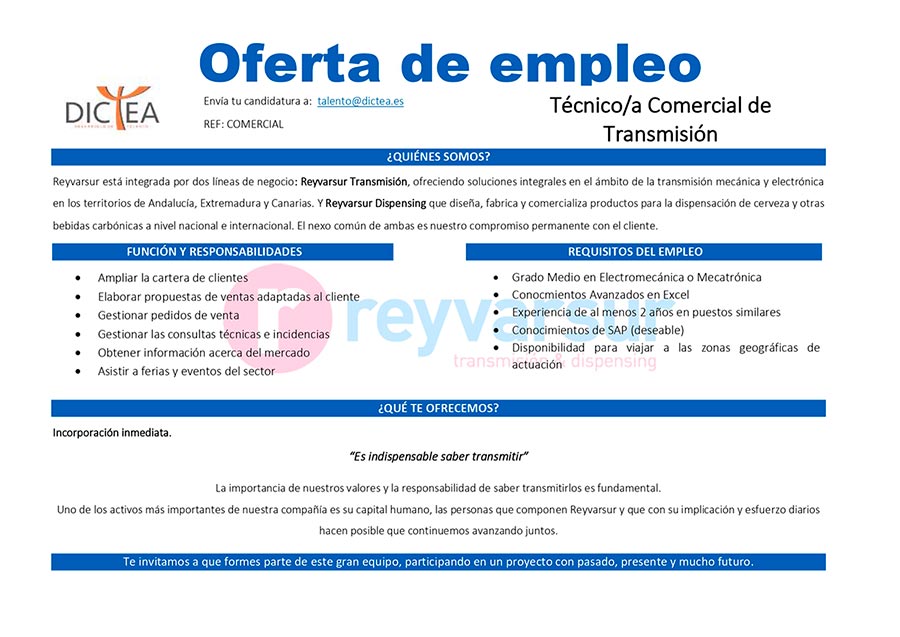 Oferta de Empleo: Técnico/a Comercial de Transmisión