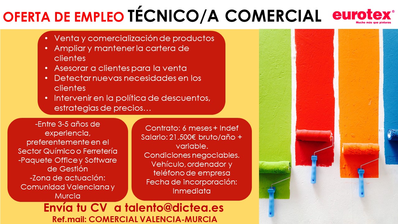 Oferta de empleo: Técnico/a Comercial en Valencia-Murcia